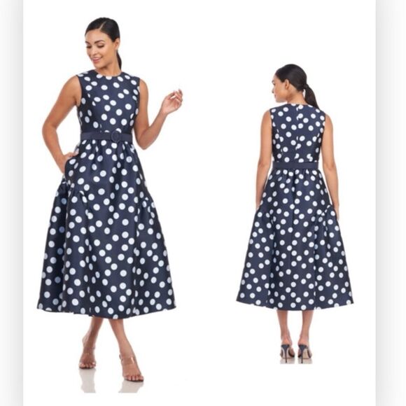 Kay Unger Tinslee Tea Length Polka Dot Dress with Belt NWT $298